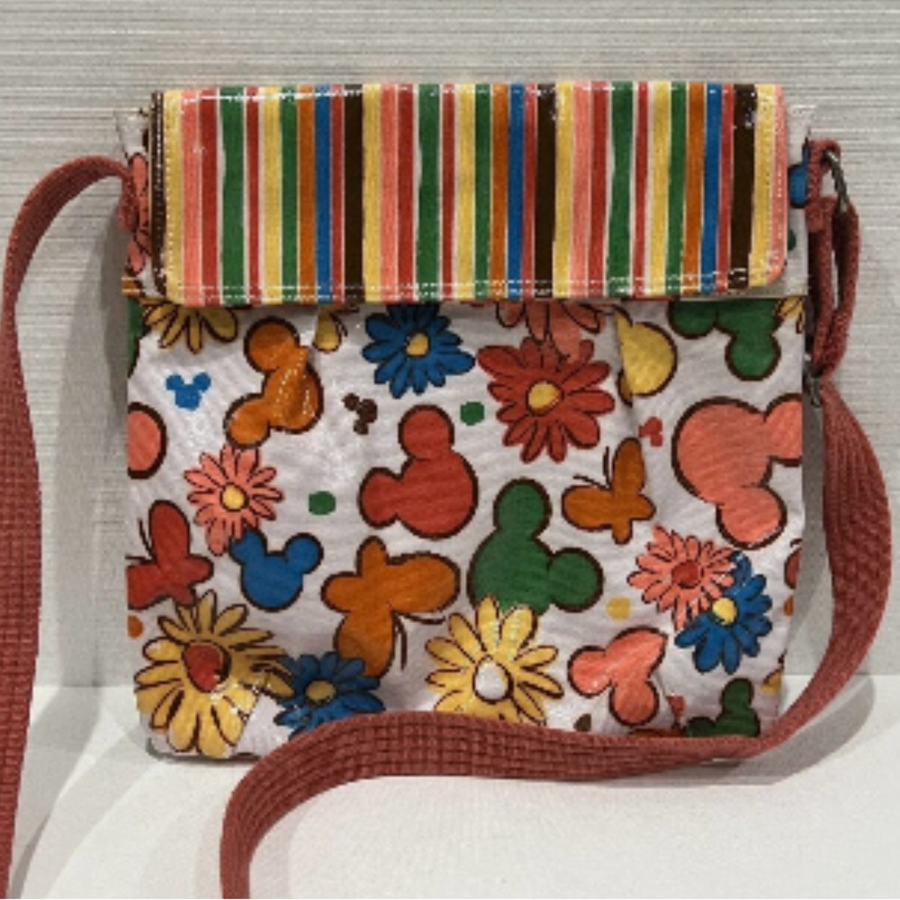 Disney Parks Coated Canvas Crossbody Bag Multicolor Striped Butterfly Floral